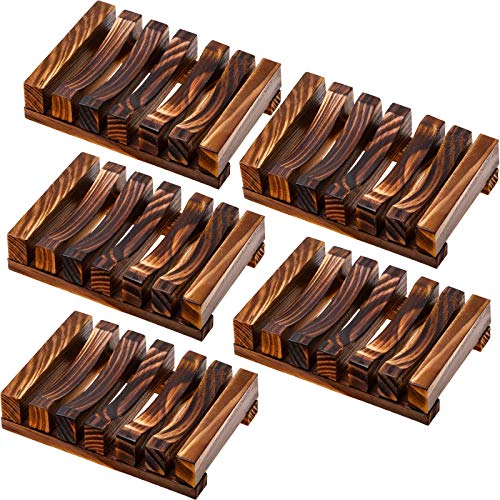 Honoson 5 Pieces Wooden Soap Dish Holder Tray Wood Bar Soap Holder Tray Self Draining Saver for Shower Bathroom Kitchen - color: Charcoal
