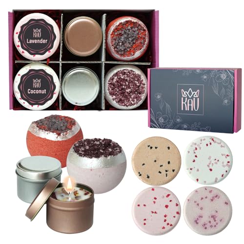 KAV Bath Bombs Giftset for Women - Self Care Women Gift Set of 2 Bathbombs, 2 Scented Candles, 4 Shower Steamers - All Natural Scented Bubble Bath Bombs - Skin Safe Girlfriend Gifts for Spa