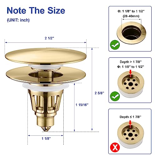 Universal Bathroom Sink Stopper - Pop Up Sink Drain Stopper, Push Button Flixfilter Sink Drain Stopper Replacement, Wash Basin Drain Filter Plug Anti-Clogging Basket, Brushed Gold - color: Gold Brushed, style: Large Cover