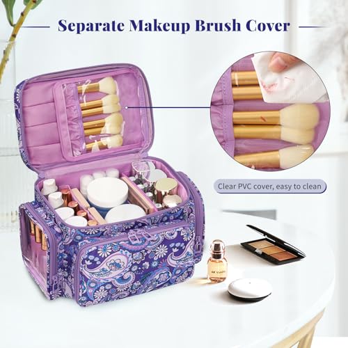 Bagmoly Large Makeup Bag, Portable Travel Makeup Bag Organizer for Women Girls with Makeup Brush Compartment & Two Side Pockets, Cosmetic Travel Bag Vertical Storage Toiletry - Purple - color: 06-Purple, size: Medium