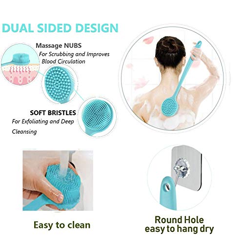 Long Handle Silicone Body Scrubber for Shower, Dual-Sided Back Scrubber Brush with Soft Bristles&Massage Nodes, Exfoliating Bath Brush for Hard to Reach Areas, Easy to Clean & Quick Dry, for Daily Use - color: Blue