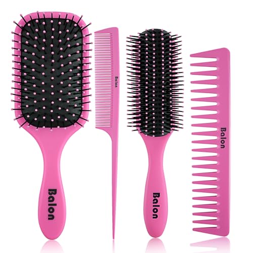 4Pcs Detangling Brush Set for Women - Paddle Brush for Wet or Dry Straight, Long, Thick, Curly, Natural Hair, No More Tangles (Pink) - color: Pink