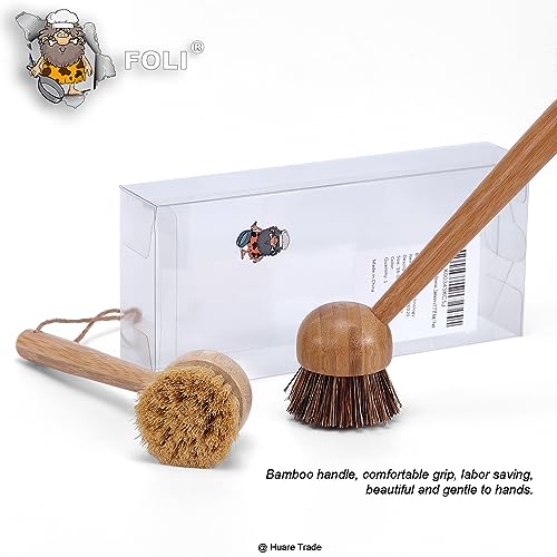FOLI Bamboo Handle Dish Scrub Brushes - Wooden Cleaning Scrubbers with Stiff Bristles for Washing Kitchen Cast Iron Pan Pot (2PCS with Sisal & Palm Bristles, Long Handle)