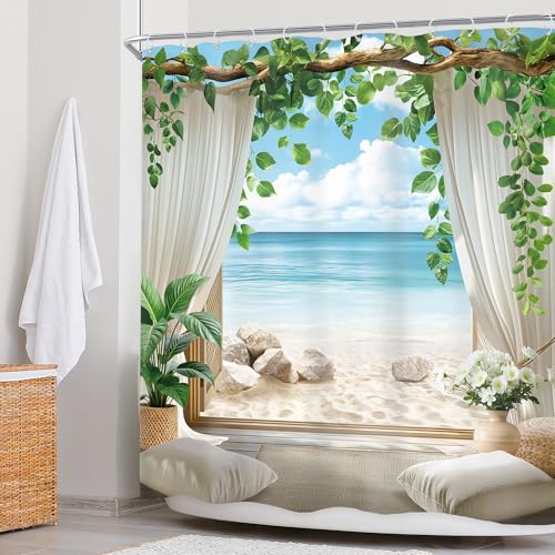 Newsely Ocean Beach Shower Curtain 60Wx72L Inch Beachy Tropical Coastal Blue Sea Summer Hawaiian Nature Landscape Green Leaves Bathroom Set Modern Waterproof Bath Decoration Accessories Home Decor - color: B-01beach, size: 60"W x 72"L (Pack of 1)