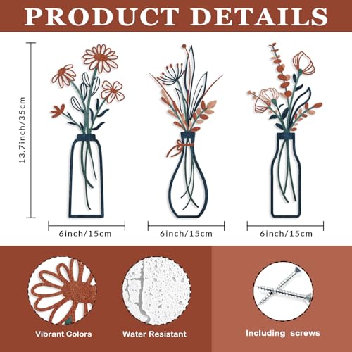 Pigort 3 Pieces Metal Flowers Wall Arts - Rustic Farmhouse Decor Minimalist Flower Wall Decors for Living room Bathroom Bedroom Dining Room-Housewarming Gifts - color: Orange Blue