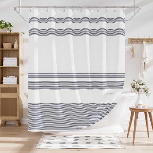 AmazerBath Navy Blue Shower Curtain, Blue and White Striped Bathroom Shower Curtain with 12 Shower Curtain Hooks, Rustic Fabric Blue and White, 72x72 Inches - color: A- Blue Stripe +12 Metal Hooks, size: 72"W x 72"L (Pack of 1)