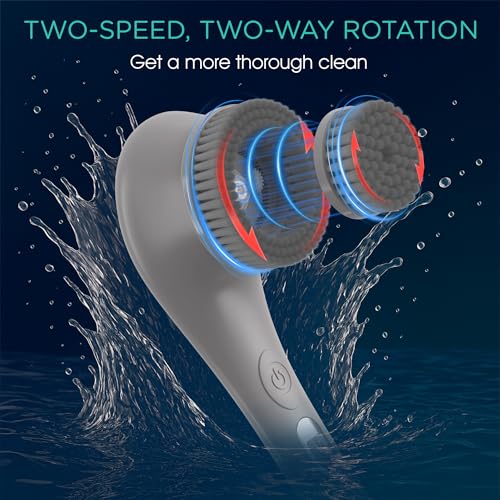VOYOR Electric Body Brush Back Scrubber Silicone Body Scrubber Two-Way Rotating Brush Head for Deep Cleaning, Exfoliation, 4 Attachments Long Handle IPX6 Rechargeable Shower Brush BC300 (Grey) - color: Grey