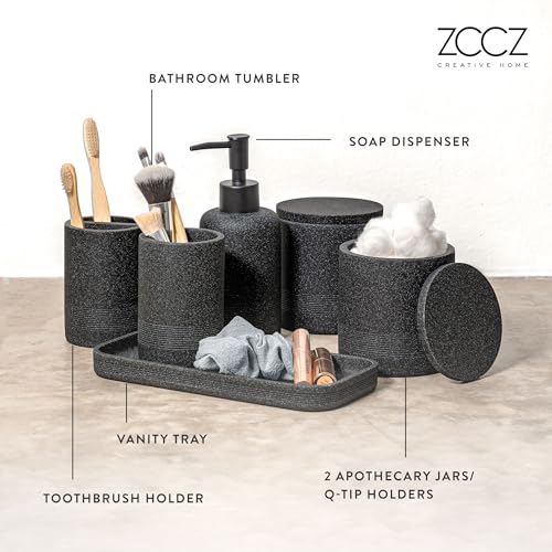 ZCCZ Black Stone Bathroom Accessories Set 6 Pieces - Toothbrush Holder, Lotion Dispenser, Qtip Container, Vanity Tray, Tumbler - Countertop Organizer for Bathrooms - Elegant and Functional Décor Set - color: Black Stone, size: 6pcs
