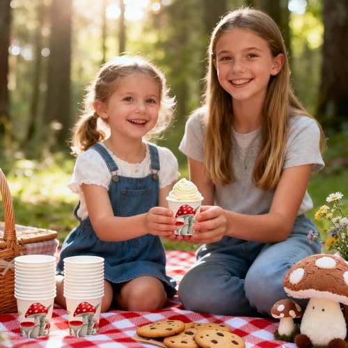 WRAPAHOLIC 3oz Mushroom Paper Cups - 100 Pack Disposable Bathroom Cups with Red Mushroom Design, Small Mouthwash Cup for Toothbrush Rinse, Home Bathroom, Birthday, Fall and Baby Shower - color: Red Mushroom