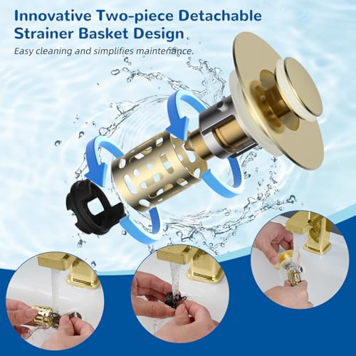Hibbent Upgraded 3 in 1 Bathroom Sink Drain Strainer, Universal Pop Up Stopper with Removable Stainless Steel Filter Basket Hair Catcher, Sink Plug for 1.1''~2.36'' Basin, Brass Core, Brushed Gold - color: Brushed Gold