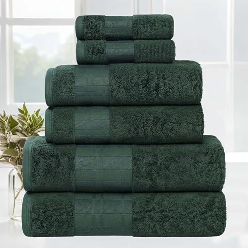 Superior 6-Piece Cotton Towel Set, Geometric Design, Dobby Border, Plush Quick Dry Towels, Decorative Bathroom, Spa, Includes 2 Bath, 2 Hand, 2 Face Towels/Washcloth, Larissa Collection, Forest Green - color: Forest Green, size: 6 Piece Towel Set
