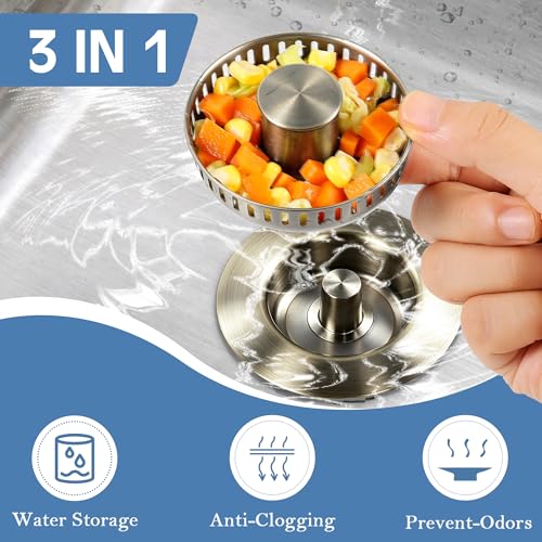 Kitchen Sink Drain Strainer 3 in 1, 304 Stainless Steel Pop Up Sink Stopper, Anti-Clogging Sink Drain Strainer for US Standard Kitchen Drain (Light Bronze) - color: Light Bronze, size: 1 Pack