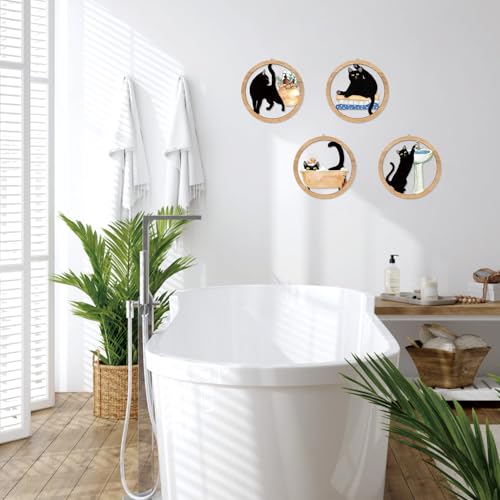 HPNIUB Funny Bathrooms Wall Decor, Black Cats In the Bath Wood Sign, 4 Pieces 10''x10'' Farmhouse Wooden Hanging Sign for Toilet Powder Room Restroom Wall Decoration, Lovely Cat Gifts - color: Funny bathroom