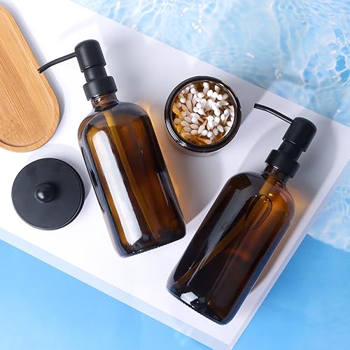 Bathroom Accessory Set 5 Pcs, 2 Pcs 16oz Amber Glass Soap Dispensers with Stainless Steel Pumps, 2 Pcs Qtip Holder Dispensers with Waterproof Labels & Bamboo Tray