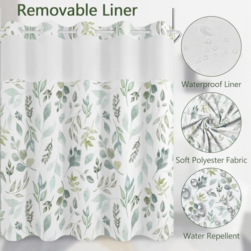 No Hook Shower Curtain with Snap in Fabric Liner Set, Waterproof & Washable, Boho Green Botanical Leaf Floral Shower Curtains for Bathroom, Rustic Modern Hotel Style Plant Bathroom Curtain, 71x74 inch - color: Green Foliage