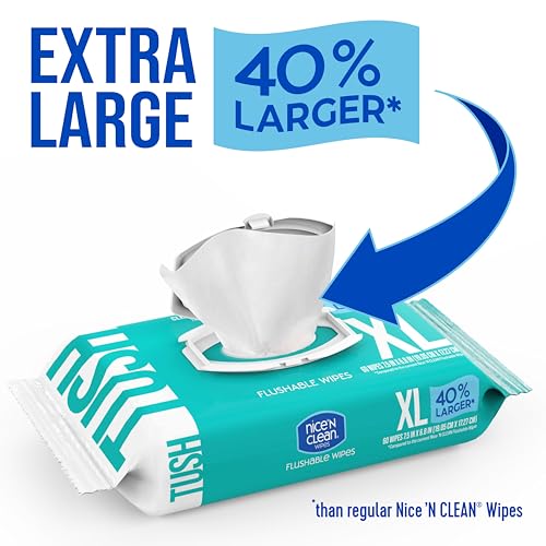 Nice 'N CLEAN Extra Large Flushable Wipes | 40% Larger Wipes | 6.8" x 7.5" Unscented XL Adult Wet Wipes | Septic and Sewer Safe | Fragrance Free, Hypoallergenic, Plant Based | 180 Butt Wipes