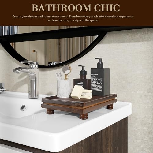 EOSAHR Rustic Wood Riser Display Stand for Home Decor – Farmhouse Riser for Decor as Cake Stand & Soap Holder - Ideal for Displaying Bathroom Accessories (Dark Acacia Wood) - color: Dark Acacia Wood