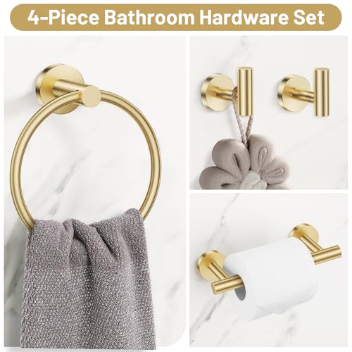 Lairuier Brushed Gold Towel Holder Set Include Double Bases Toilet Paper Holder,Towel Ring and 2 Towel Hooks Stainless Steel Wall Mounted Bathroom Hardware Accessories Set - color: Brushed Gold, size: Set B