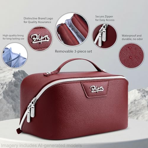 BOYATU Travel Makeup Bag Cosmetic Bags for Women: Large Capacity 3 Pcs Set Make up Bag with Compartments - Waterproof Vegan Leather Toiletry Organizer Bags with Handle (L29Red) - color: L29Red
