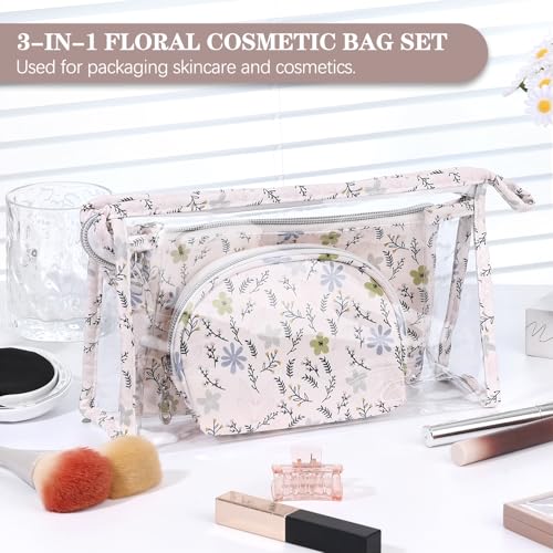 Richeart Makeup Bag, Clear Bag with Zipper, 3PC Floral Flowers Makeup Pouch, Waterproof Small Pouch, Portable Travel Toiletry Bag, D - style: D