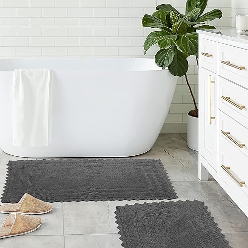 TreeWool 2-Pack Gorjeeus Collection Soft Reversible Bathroom Rug Cotton Bath Mat Set with Crochet Border - Rectangle (19" x 26"; Charcoal Grey) - color: Charcoal