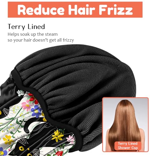 Luxury Shower Cap Terry Lined Reusable Triple Layer Waterproof Hair Elastic Caps Shower Bath Hat for Women Girls Cute Aesthetic-Flower Black Cat - color: AL6-Flower Black Cat