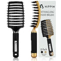 Boar Bristle Hair Brush Set of 2, HIPPIH Wet & Dry Hair Brushes Made by Fine Natural Boar Hair Can Adds Shine and Smoothing, Detangling Hairbrush for Women, Men & Kids' Long Curly Thick Hair - color: Black & Gold