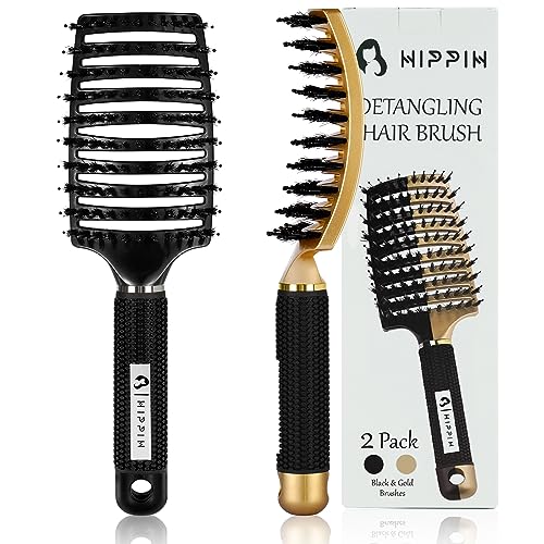 Boar Bristle Hair Brush Set of 2, HIPPIH Wet & Dry Hair Brushes Made by Fine Natural Boar Hair Can Adds Shine and Smoothing, Detangling Hairbrush for Women, Men & Kids' Long Curly Thick Hair - color: Black & Gold