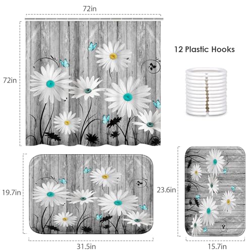 ArtSocket Flower Daisy Bathroom Set with Shower Curtain and Bath Rugs and Accessories,Gray Wooden Boards Non-Slip Shower Curtain Set,Bathroom Decor 3 Pcs - color: Flower Daisy