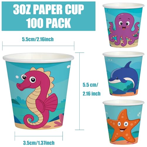 WRAPAHOLIC 3oz Paper Cups - 100 Pack Disposable Bathroom Cups with Seahorse, Dolphin, Starfish and Octopus Design, Small Mouthwash Cup for Toothbrush Rinse, Home Bathroom, Picnic, BBQ and Beach Party - color: Deep Blue Fish 4 Design