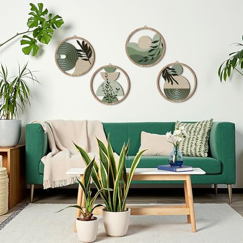 TOARTi 4 Pieces Green Botanical Wooden Wall Art Bohemian Hanging Art Farmhouse Geometric Wooden Wall Decor Aesthetic Tropical Plant Artwork Boho Minimalist Wall Decor for Bedroom Living Room - color: Boho Wooden Wall Art 2