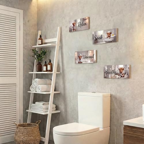4Pcs Highland Cow Wooden Bathroom Wall Decor Funny Farmhouse Bathroom Decor Set Relax Soak Unwind Breathe Bathroom Wall Art Rustic Cute Animal Wooden Signs for Guest Bath Restroom & Powder Room - style: Highland Cow