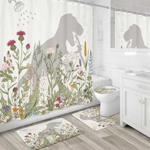 4PCS Wildflower Dinosaur Kids 71Wx71H Inches Floral Rustic Botanical Shower Curtain Sets with Rugs, Toilet Lid Cover and Bath Mat, Cute Bath Accessories Art Home Decor Fabric 12 Pack Hooks - color: B1-dinosaur