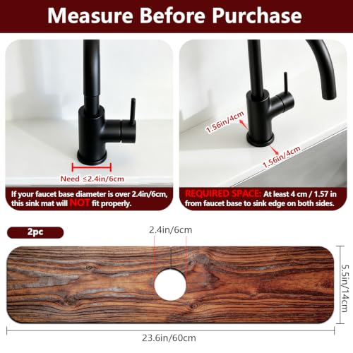 2 Pcs Kitchen Sink Splash Guard Faucet Mat Wood Grain Pattern Faucet Mat for Sinks Natural Wood Color Absorbing Drying Mats for Kitchen Bathroom, 23.6x5.5inch - color: Wood Grain Pattern