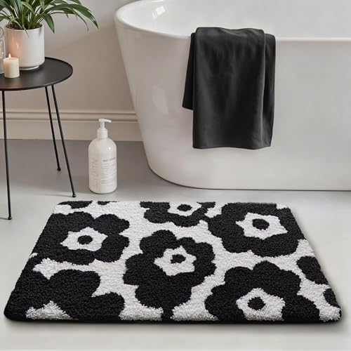 LUMI Bathroom Rugs Cute Floral Design, Soft Absorbent Microfiber Bath Mat Non-Slip, Machine Washable Quick Dry Luxury Rug Flower Black and White for Floor, Bathtub, Home Decor, 20"x32" - color: D-black Flower, size: 20"x32"