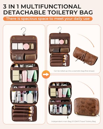 Elviros Hanging Travel Toiletry Bag Gift for Men，Mens Toiletries Bag Gifts Set Shaving Dopp Kit Water-resistant Bathroom Toiletries Organizer PU Leather Cosmetic Bags 2 Pack - color: Dark Brown, size: 2 Pack