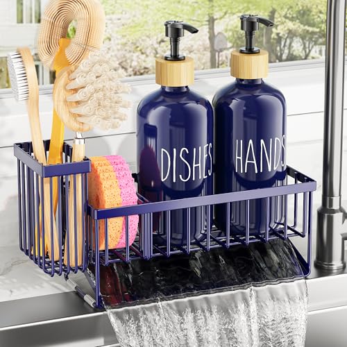 Cisily Navy Blue Kitchen Dish Soap Dispenser, 16 fl Oz Dual Kitchen Soap Dispensers with Sponge Holder, Customized Stainless Steel Kitchen Soap Dispenser Set, Modern Hand and Dish Soap Bottle Set - color: Navy Blue Sponge Holder + Navy Blue Bottle