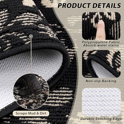 LOKHOM Boho Kitchen Rugs Sets of 3, Non Slip High-Low Textured Kitchen Mats for Floor with Rubber Backing, Paisley Floral Washable Carpet Runner for Hallways Entryway Laundry Sink (Black & Beige) - color: Black & Beige, size: 24"x35"+24"x48"+24"x60"