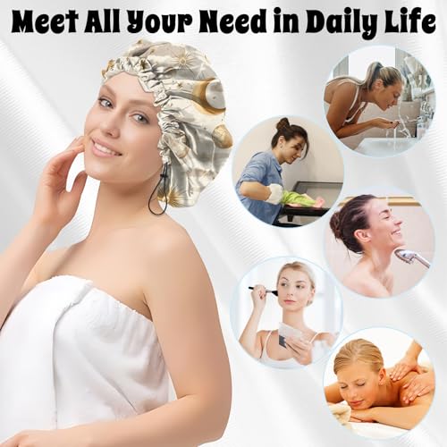Luxury Shower Cap Satin Lined Reusable Waterproof Double Layer Elastic Adjustable Hair Bath Cap Cute Aesthetic Women Girls-Sun - color: F10-Sun