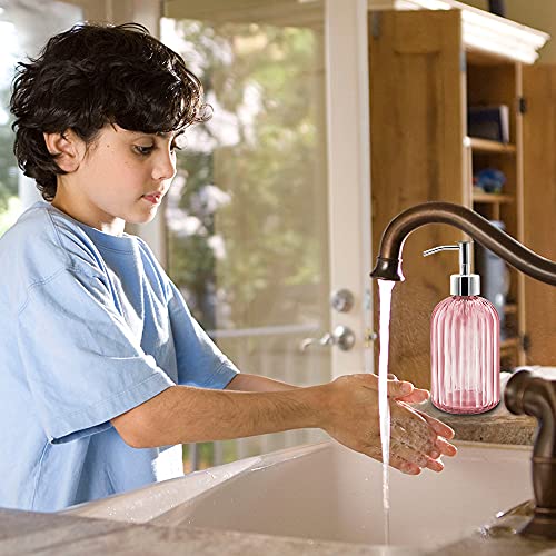 2 Pack Pink Glass Soap Dispenser Bottle with Pump, 14 Oz Refillable Liquid Hand Jar Dispenser for Bathroom, Countertop, Kitchen, Laundry Room - color: Pink