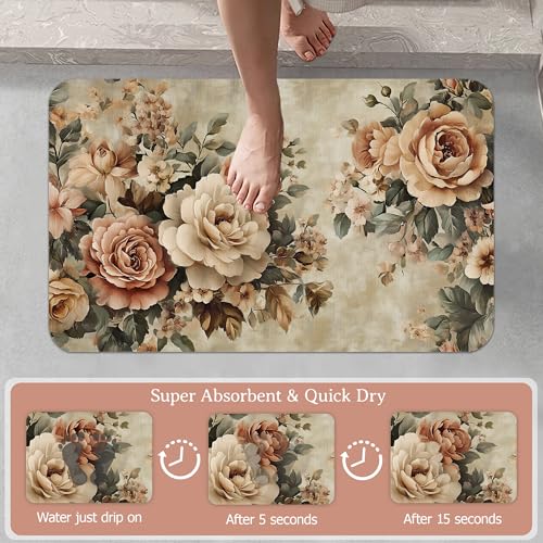 Vintage Rose Bath Mat, Retro Flowers Diatomaceous Earth Bath Mat,Rubber Backing Quick Dry Absorbent Washable Bathroom Rugs for Tub Non Slip 17"x29.5" - color: Vintage Rose,retro Flowers