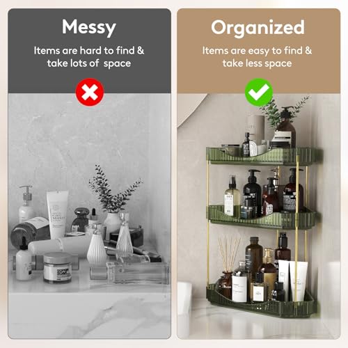 Lifewit 3-Tier Corner Bathroom Counter Organizer, Plastic Makeup Skincare Organizers Storage Countertop, Large Sink Cosmetic Perfume Shelf for Bedroom, Dresser, Kitchen, Vanity, Green, 39 cm/15inch(H) - color: Green, size: 3 Tier