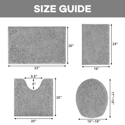 Bathroom Rugs Sets 4 Piece with Toilet Lid Cover, Non Slip Bathroom Mats Extra Soft Chenille Bath Rugs Absorbent Shaggy Rugs Perfect Plush Mats U-Shaped Toilet Rug and Toilet Cover Kitchen,Home Decor - color: Light Grey, size: 1'8" x 2'8" (Square + oval +