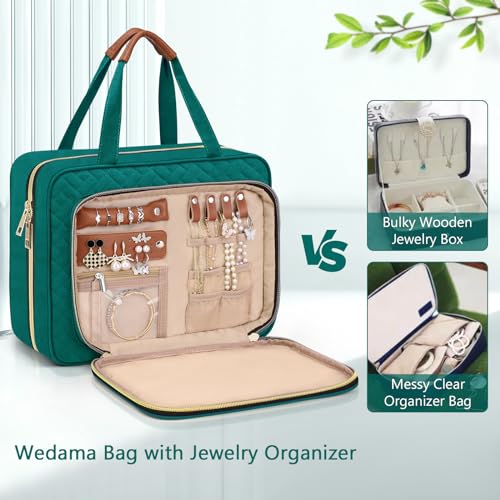 Wedama Toiletry Bag for Women, Hanging Travel Toiletry Bag with Jewelry Organizer Compartment Large Makeup Bag, PVC Waterproof Cosmetic Travel Bag Trips Camping Bathroom, Green+Brown - color: Green, size: Large, style: With Jewelry Organizer Compartment