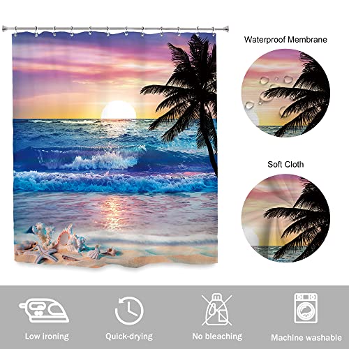 Newsely Ocean Sunrise Shower Curtain 60Wx72H Inch Beach Tropical Palm Tree Hawaiian Sunset Coastal Scenery Sea Wave Shower Curtain Bathroom Set Summer Waterproof Bath Decoration Accessories Home Decor - color: A-01beach Purple, size: 60"W x 72"L (Pack of