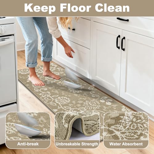 LOKHOM Boho Kitchen Rugs Sets of 3, Non Slip High-Low Textured Kitchen Mats for Floor with Rubber Backing, Paisley Floral Washable Carpet Runner for Hallways Entryway Laundry Sink (Beige & White) - color: Beige, size: 24"x35"+24"x48"+24"x60"