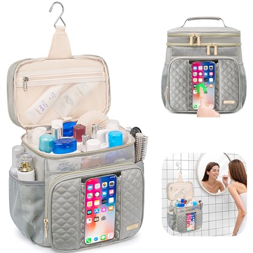 Large Leather Toiletry Bag for Women Men,Bathroom Bag,Water Resistant Shower Bag,Makeup Bag,Portable Shower Caddy for College Dorm,Hanging Travel Toiletry Bag with Transparent Waterproof Phone Pocket - color: Grey Leather