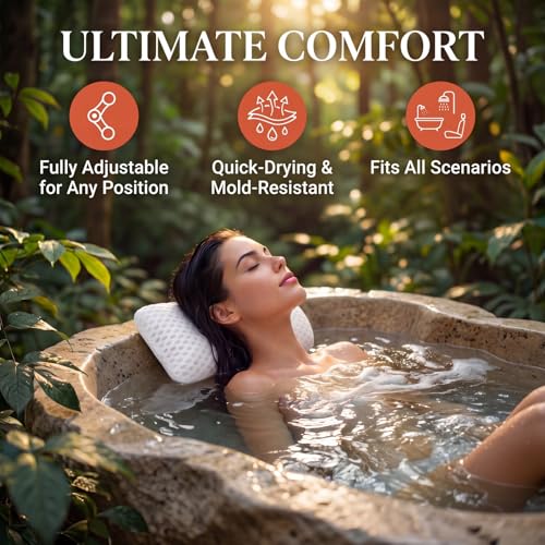 Hot Tub Pillow for Outdoor Bathtub（2-Pack）, Non-Slip Universal Spa Headrest Bath Pillow for Bath Tub, Lounge Chair Pillow, Comfortable Head and Neck Support with Weighted Adjustable Strap