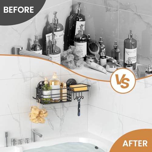 LEVERLOC Suction Cup Shower Caddy, Black Bathroom Shelf Shower Organizer With Hook And Soap Holder, No Drill Bathroom Caddy - color: 1 X Black
