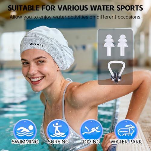 WHALE Extra Large Swim Cap Designed for Men and Women with Thick, Long Hair, Hair Extensions Or Afro-Textured Hair Long-Hair Swim Cap Highly Waterproof to Keep Hair Dry - color: Bright white